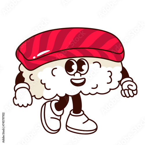 Groovy tuna sushi cartoon character walking. Funny retro sushi with fish and rice, comic expression on face. Japanese snack mascot, cartoon food sticker and emoji of 70s 80s style vector illustration