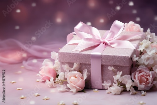 Gift box and flowers on pink background. Present for Valentine s  Mother s and Women s day  birthday or  wedding. Greeting card or banner with copy space
