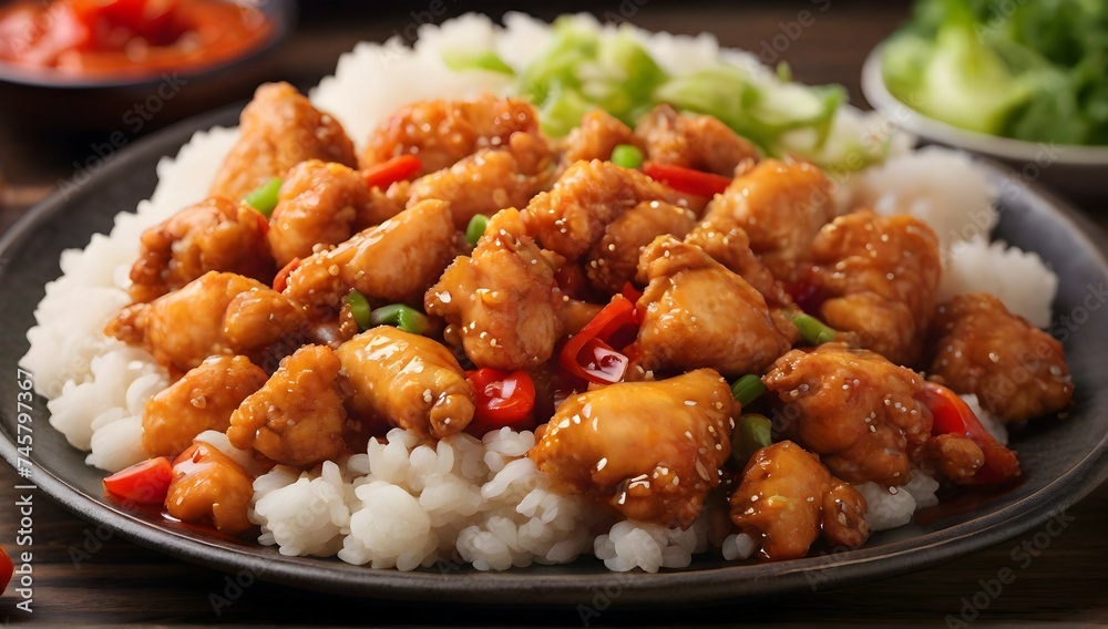 A close-up shot of a steaming plate of sweet and sour chicken, with the rice glistening in the background. A close-up shot of a steaming plate of sweet and sour chicken, with the rice glistening in the background.