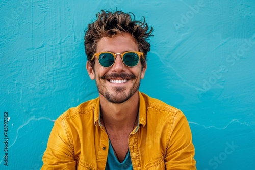 Portrait of a smiling confident man in sunglasses in blue background