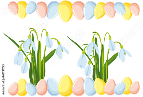 vector illustration of Easter theme, bouquet of spring flowers snowdrops and multicolor pastel Easter eggs, spring party illustration on white background