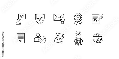 Check mark confirmation button icons. Outline, checkmark near a person, shield, letter, medal, check list, network, button design with a checkmark. Vector icons