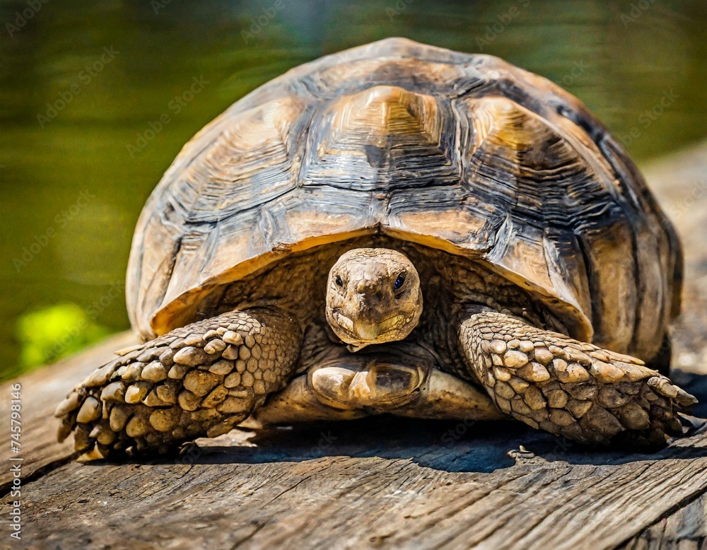 an image of a tortoise basking in the sun, its wrinkled shell reflecting years of wis - obrazy, fototapety, plakaty 
