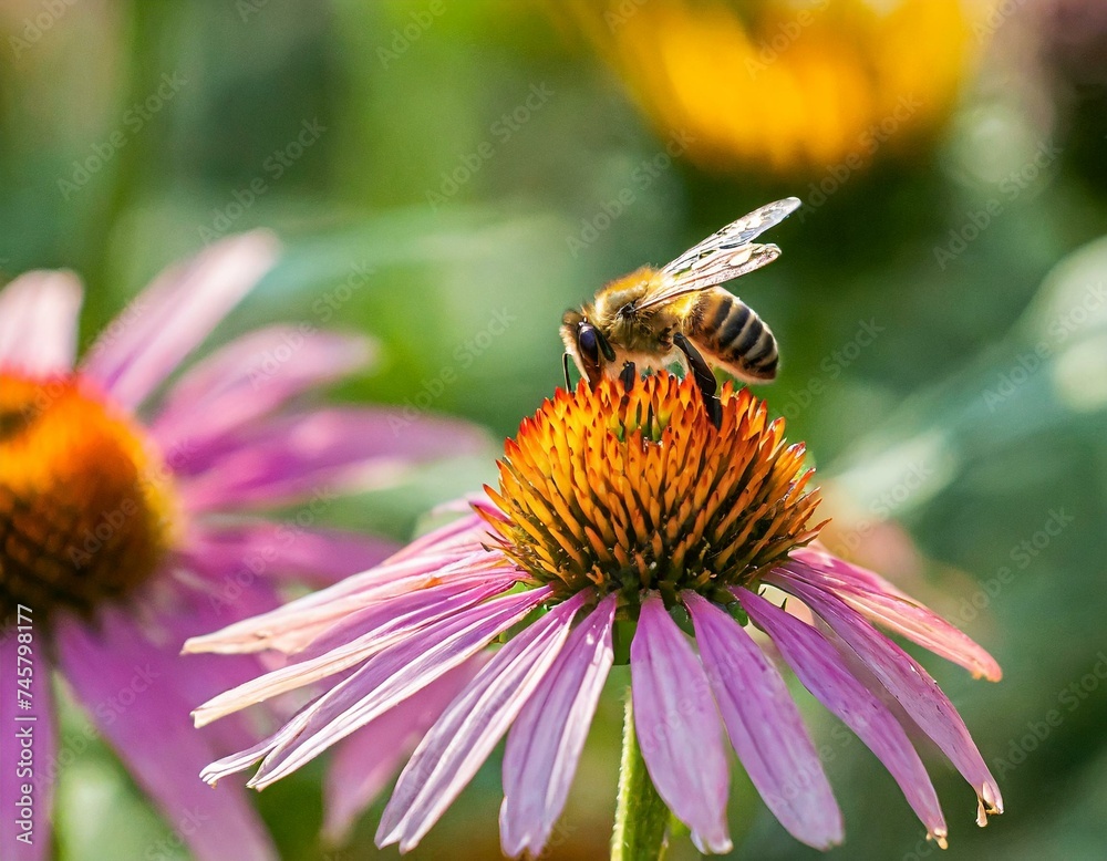 Depict bees buzzing around a colorful flower garden, collecting nectar Depict bees buzzing around a colorful flower garden, collecting nectar