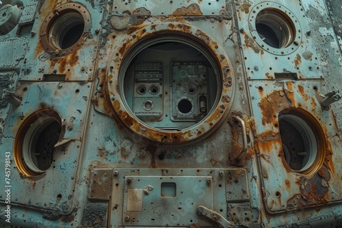 Dramatic close-up of the textures and details on an abandoned spacecraft, conveying a sense of lost space era