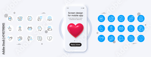 Broken heart, Touchscreen gesture and Social responsibility line icons. For web app, printing Vector