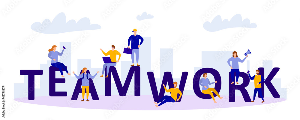 Teamwork, different people of raise their hands together. Friends with a stack of hands showing unity and teamwork, top view. People of business cooperation, unity and teamwork. Vector illustration.