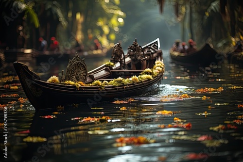 Happy Onam Festival concept with rowing a snake boat during the 'Onam' festival. Onam is a festival in Kerala, India
