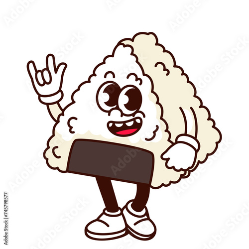 Groovy onigiri cartoon character with rock band gesture. Funny retro rice rocker with nori wrap and funky face, cartoon Japanese food mascot, onigiri sticker of 70s 80s style vector illustration