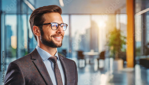 Un homme souriant, avec un costume foncé et chemise claire, dans un espace de travail de bureaux lumineux et coloré, avec arrière-plan flou d'un bel intérieur moderne avec vue sur la ville photo