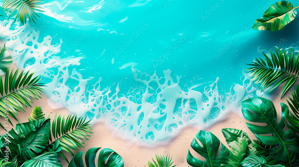 Baclground wallpaper with sand and waves, ocean and palm trees