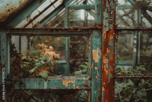 Close-up views of the details in old greenhouses, such as the rusting frames, peeling paint, and remnants of plants, capturing the beauty in decay