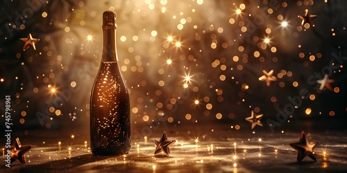 Creative christmas new year blurred background golden glittering shiny champagne sparkling wine, Champagne bottle with confetti stars bokeh