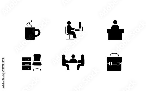 Silhouette icons set. Cup with coffee, man at the computer, man at the podium, chair and table, conference, backpack icons for design. Vector icons