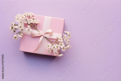 Gift box and flowers on purple background. Present for Valentine's, Mother's and Women's day, birthday or  wedding. Flat lay, top view with copy space © ratatosk