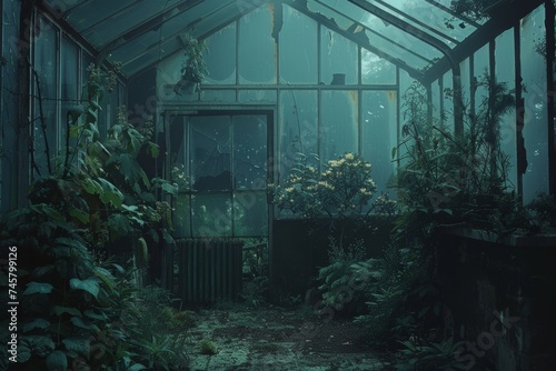 Overgrown and forgotten old greenhouses, with cracked glass and rampant vegetation, evoking a sense of lost botanical wonders