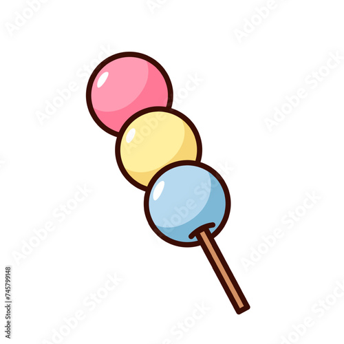Groovy cartoon sticker of dango balls on stick. Funny retro Japanese dumplings of different colors, Asian rice dessert mascot of round shape, cartoon dango of 70s 80s style vector illustration
