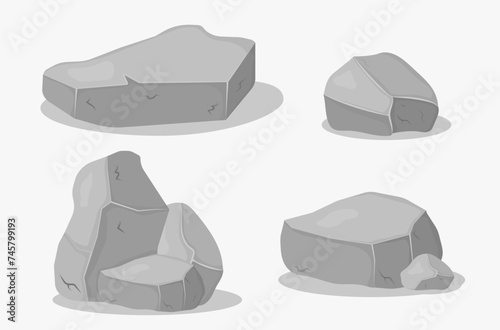 Set of gray granite stones of various 3d shapes. Graphite rock, coal and rocks on white background. Gray stone pile, cartoon icons. Vector illustration