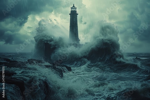 Majestic view of old lighthouses standing against the backdrop of a stormy sea, showcasing their enduring presence