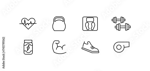 Sports icons set. Outline, heart pulse, kettlebell, scales, dumbbells, biceps, boot, whistle, sports icons design. Vector icons