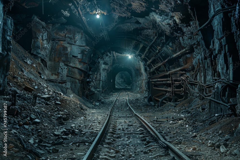 Stark and haunting landscapes of abandoned mines, with dilapidated structures and deserted equipment, capturing the end of an industrial era