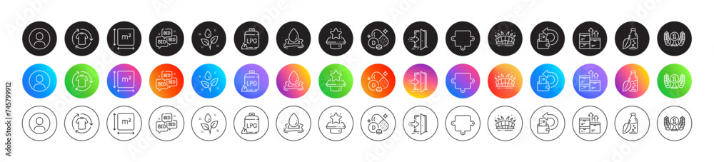 Water splash, Water bottle and Square area line icons. For web app, printing. Round icon buttons. Vector