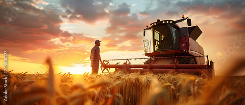 Combine harvester working on wheat field at sunset. 3D rendering