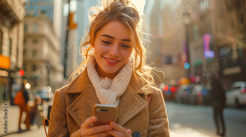 Contented Young Woman Texting on Her Phone on a Sunny City Street