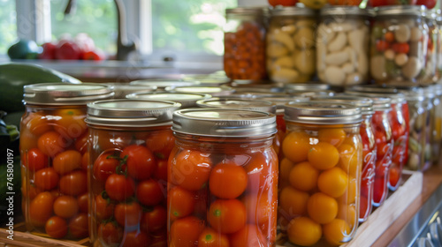 Jars of preserved tomatoes, pickles and other vegetables on a kitchen shelf.