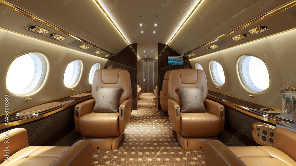 Fototapeta premium Luxurious Private Jet Interior with Leather Seats and Refined Cabin Design