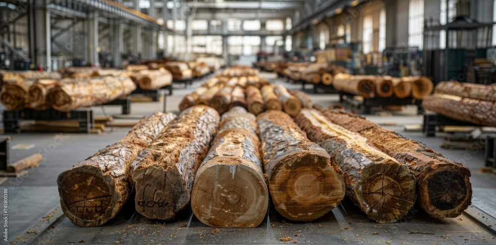 Row of freshly cut logs in industrial timber processing plant Row of freshly cut logs in industrial timber processing plant