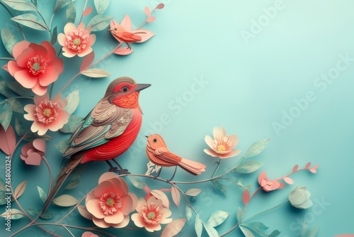 Stylized Birds and Flowers Illustration on Teal Background © Viktoriia