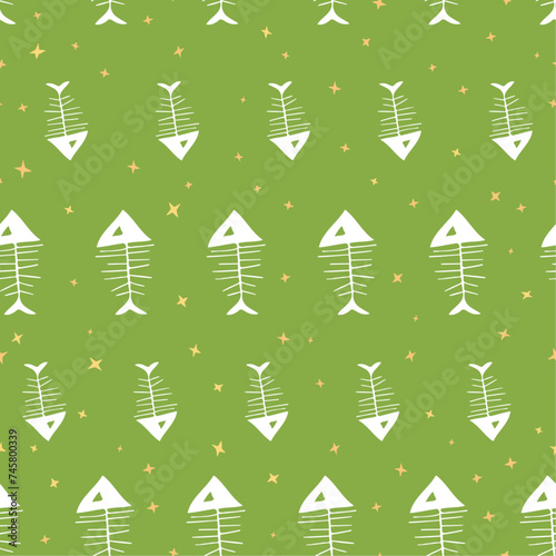 Attractive vector seamless pattern with fishbones and yellow stars on green backdrop. Creative surface art for printing on textile, wrapping, package, wallpaper, apparel, homeware etc...