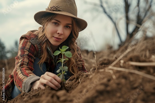 A young woman plants a tree