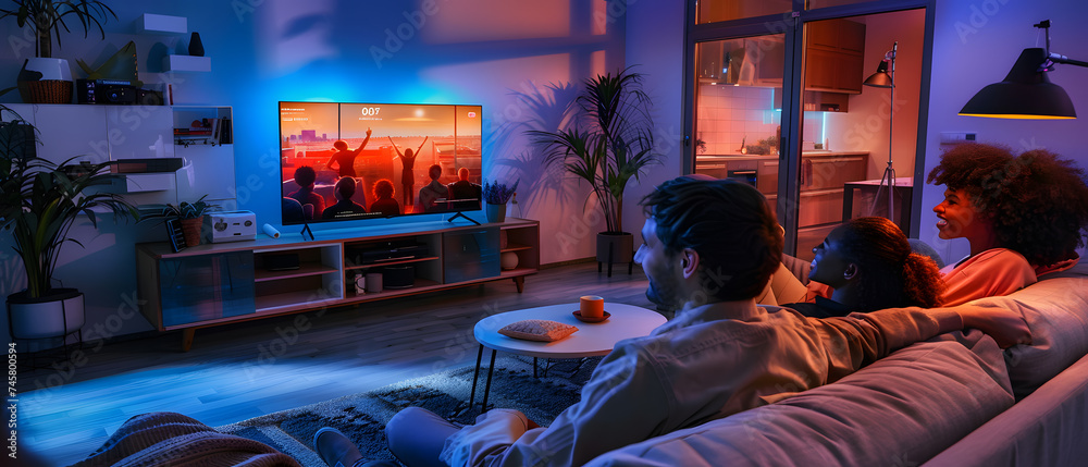 Fototapeta premium Young couple watching a movie on tv at home in the evening.