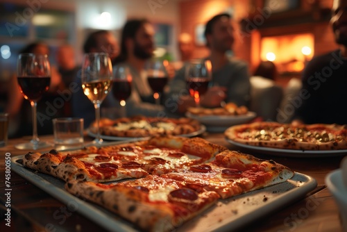 Group of Friends Enjoying Dinner at a Cozy Restaurant with Gourmet Pepperoni Pizzas and Red Wine