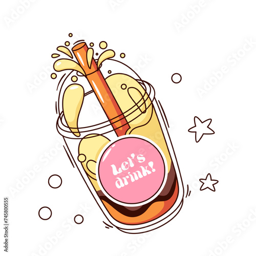 Bubble milk tea cartoon sticker. Funny retro cold drink with splashes, cartoon milkshake in plastic cup with straw, sweet tea dessert of Asian street cafe in 70s 80s style vector illustration