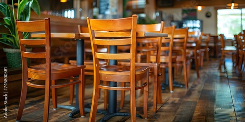 Group of empty chairs lined up neatly in restaurant dining area. Concept Restaurant Interior, Empty Chairs, Neat Arrangement, Dining Area, Interior Design