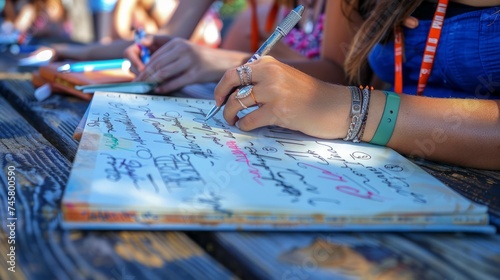 Close-up of Hand Writing on Sign-In Sheet with People in Background at Outdoor Event