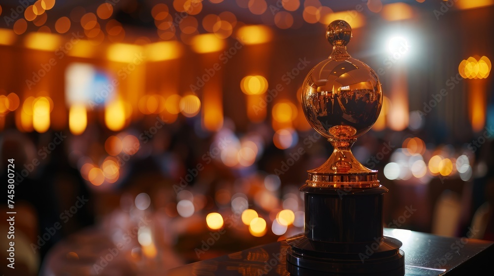 Elegant Crystal Trophy Standing Proudly at a Glittering Award Ceremony Event, Bokeh Lights