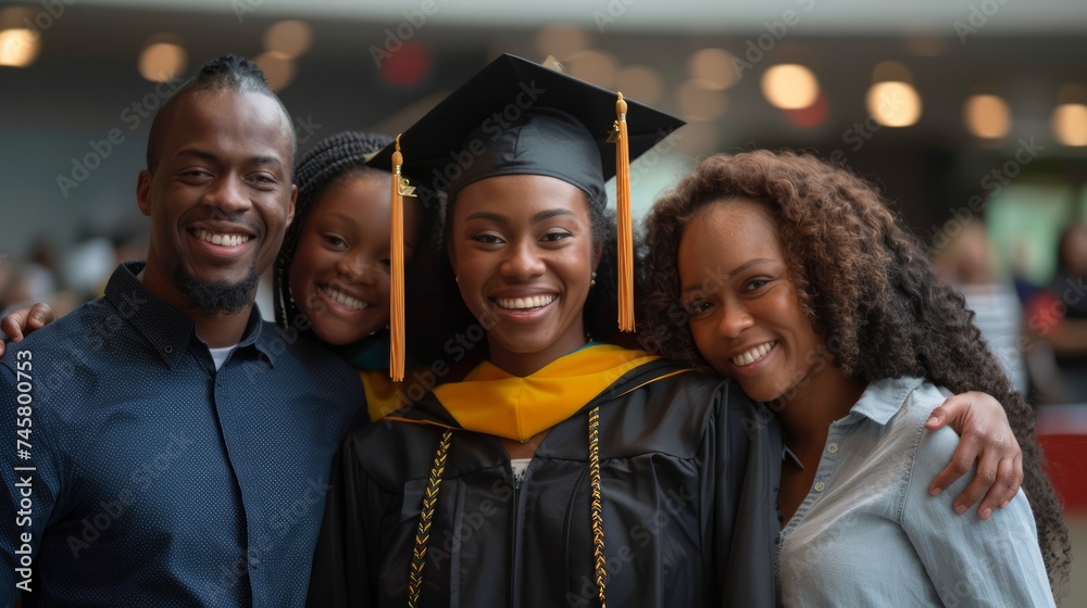Proud African American Family Celebrating Young Woman's University Graduation Smiling at Camera