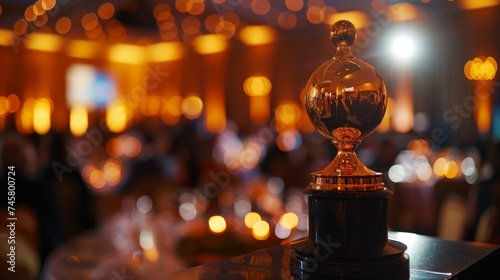 Elegant Crystal Trophy Standing Proudly at a Glittering Award Ceremony Event, Bokeh Lights