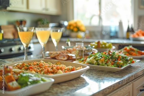 Elegant Brunch Spread with Fresh Orange Juice in Modern Kitchen Interior  Breakfast Buffet with Variety of Healthy Dishes