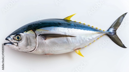 Whole Yellowfin Tuna Isolated on White Background, A fresh whole Yellowfin tuna with distinctive yellow fins and silver body, isolated on white, symbolizing high-quality seafood. photo