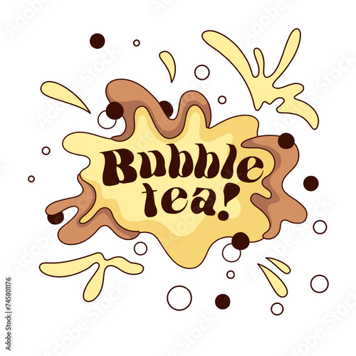 Bubble tea text on splash of drink cartoon sticker. Funny retro typography patch with lettering of cute font, cartoon yellow sprinkles of Asian tea on badge in 70s 80s style vector illustration