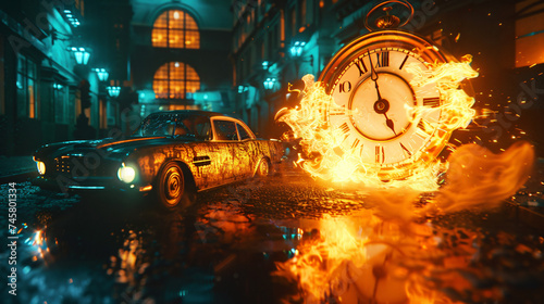 A car back to the future and a fire clock.
