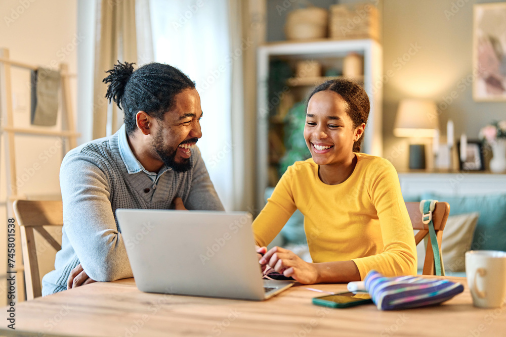 Fototapeta premium father child home family homework daughter girl cheerful teenage parent education laptop teen teaching childhood man learning together school computer internet teacher tutor black