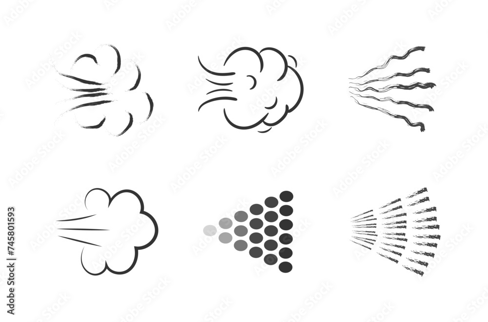 Big set of icons spray. Illustration of spraying deodorant. Spray water, perfume, paint or deodorant isolated on light background. Effect spraying, direction liquids. Vector illustration