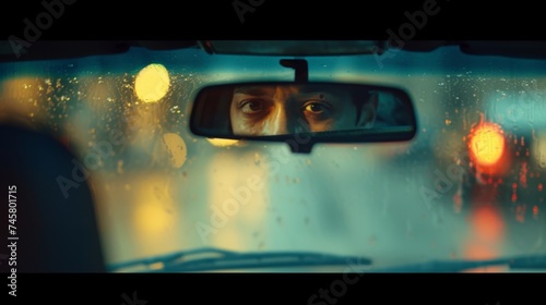 Intense Gaze Reflected in Rearview Mirror on Rainy Evening, taxi driver photo