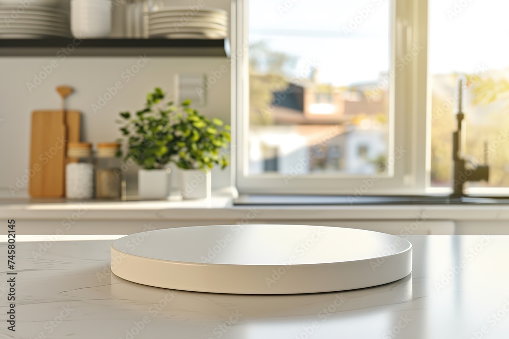 Fototapeta premium Empty white podium table, modern kitchen window blurry background, for product display presentation